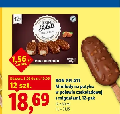 Minilody na patyku w polewie czekoladowej z migdałami Bon Gelati 12-pak promocja w Lidl