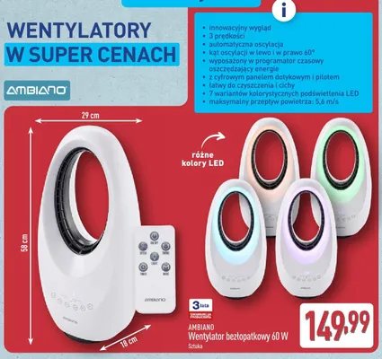 Wentylator bezłopatkowy AMBIANO 60W promocja w Aldi