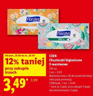 Chusteczki higieniczne 2-warstwowe Cien promocja w Lidl