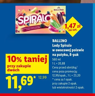 Lody Spiralo w owocowej polewie na patyku Ballino 8-pak promocja w Lidl