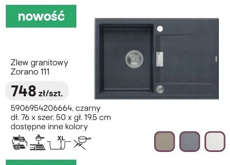 Zlew granitowy Zorano 111 czarny dł. 76 x szer. 50 x gł. 19,5cm promocja w Castorama
