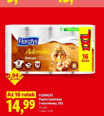 Papier toaletowy Floralys Adorable Balsam 3-warstwowy XXL 16-pak promocja w Lidl