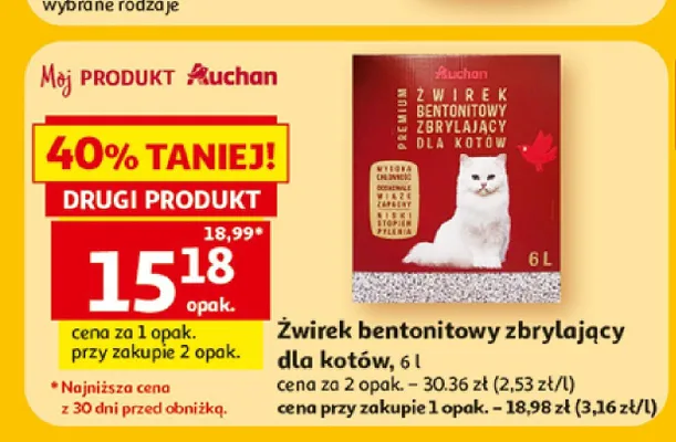 Żwirek bentonitowy zbrylający dla kotów Auchan promocja w Auchan