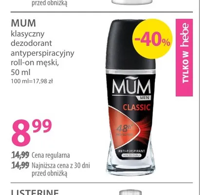 Dezodorant antyperspiracyjny roll-on męski MUM Classic promocja w Hebe