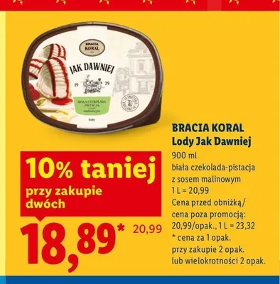 Lody Jak Dawniej biała czekolada-pistacja z sosem malinowym Bracia Koral promocja w Lidl