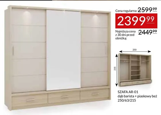 Szafa AR-01 Arti dąb barista piaskowy beż 250/63/215 promocja w Abra Meble