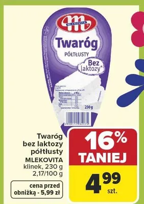Twaróg bez laktozy półtłusty MLEKOVITA klinek promocja w Carrefour Market