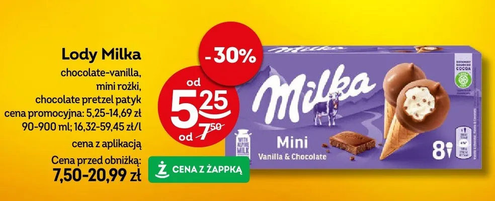 Lody Milka chocolate-vanilla, mini rożki, chocolate pretzel patyk promocja w Żabka