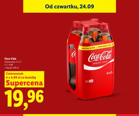 Napój gazowany Coca-Cola Original Taste 4-pak 1 l promocja w Lidl