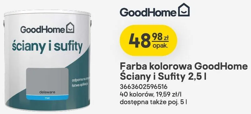 Farba kolorowa GoodHome Ściany i Sufity 2,5l promocja w Castorama