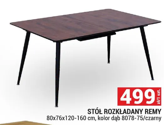 Stół rozkładany Remy 80x76x120-160cm kolor dąb 8078-75/czarny promocja w Merkury Market