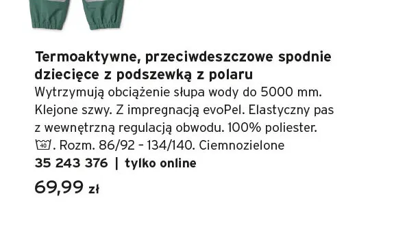Termoaktywne, przeciwdeszczowe spodnie dziecięce z podszewką z polaru promocja w Tchibo