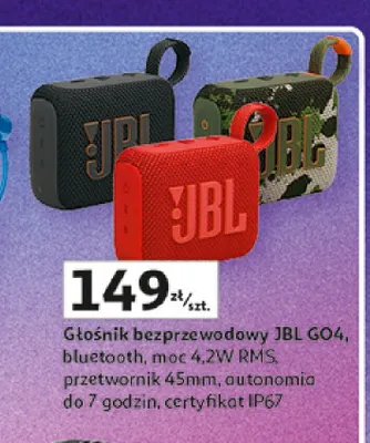 Głośnik bezprzewodowy JBL GO4 bluetooth, moc 4,2W RMS, przetwornik 45 mm, autonomia do 7 godzin, certyfikat IP67 promocja w Auchan