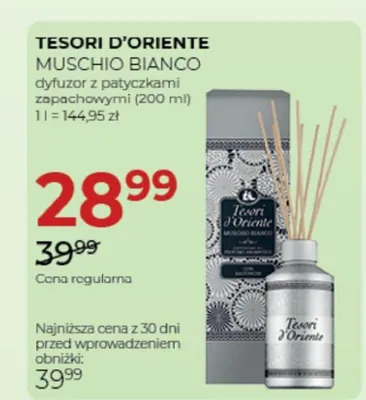 Dyfuzor z patyczkami zapachowymi Tesori d'Oriente Muschio Bianco promocja w Drogerie Jawa