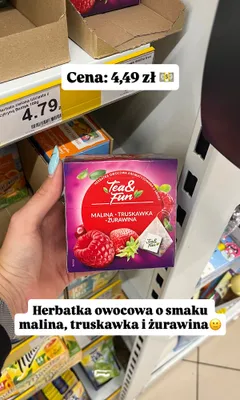 Herbatka owocowa Tea & Fun malina, truskawka, żurawina promocja w Dino