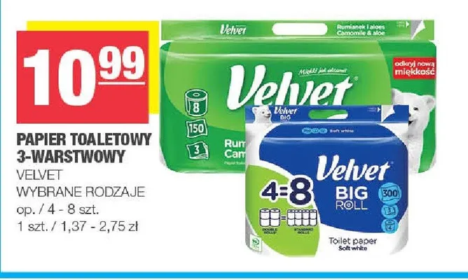 Papier toaletowy 3-warstwowy Velvet promocja w SPAR
