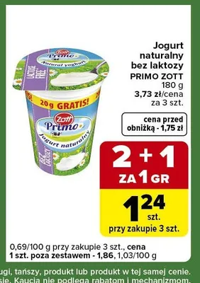Jogurt naturalny bez laktozy Primo Zott promocja w Carrefour Express