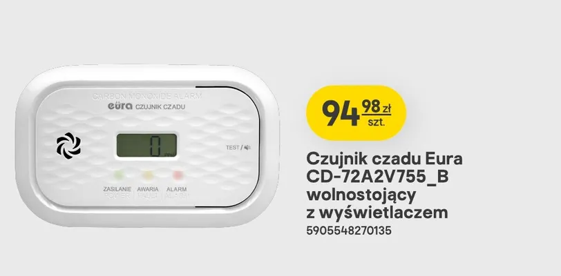 Czujnik czadu Eura CD-72A2V755_B wolnostojący z wyświetlaczem promocja w Castorama
