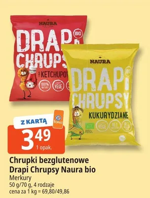 Chrupki bezglutenowe Drapi Chrupsy Naura bio promocja w Leclerc