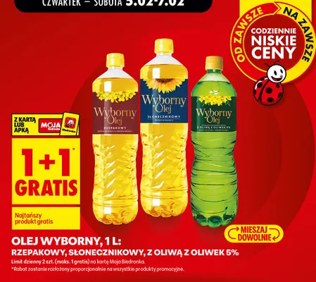 Olej rzepakowy, słonecznikowy, rzepakowy z oliwą z oliwek 5% 1+1 GRATIS promocja w Biedronka