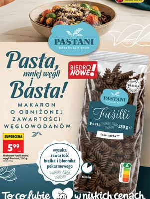 Makaron fusilli mniej węgli Pastani promocja w Biedronka