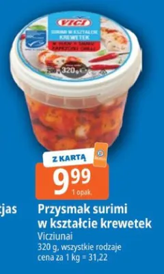 Przysmak surimi w kształcie krewetek Vici w sosie o smaku papryczki chilli promocja w Leclerc