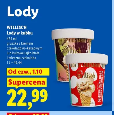 Lody w kubku gruszka z kremem czekoladowo-kakaowym Willisch promocja w Lidl