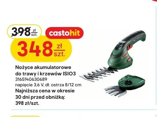 Nożyce akumulatorowe do trawy i krzewów Bosch ISIO3 promocja w Castorama
