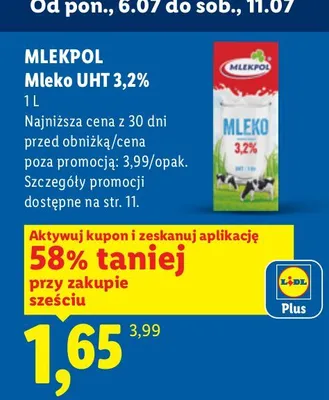 Mleko UHT 3,2% Mlekpol promocja w Lidl