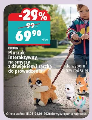 Pluszak interaktywny na smyczy z dźwiękiem i rączką do prowadzenia ELEFUN promocja w Biedronka