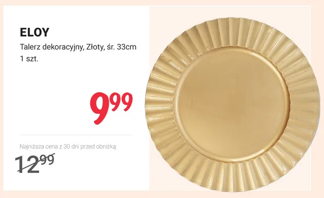 Talerz dekoracyjny złoty śr. 33 cm Eloy promocja w Rossmann