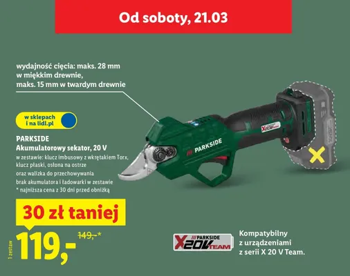 Sekator akumulatorowy 20V Parkside promocja