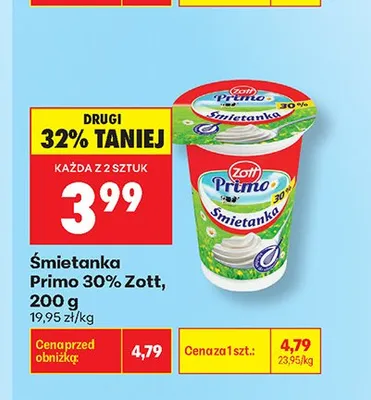 Śmietanka Primo 30% Zott promocja w Biedronka