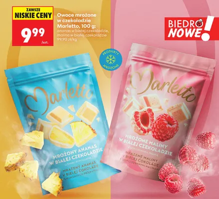Mrożone maliny w białej czekoladzie z liofilizowaną maliną Marletto promocja w Biedronka