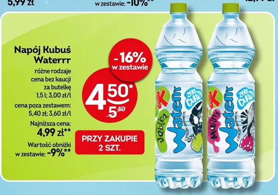 Napój Kubuś Waterrr różne rodzaje cena bez kaucji za butelkę promocja w Żabka