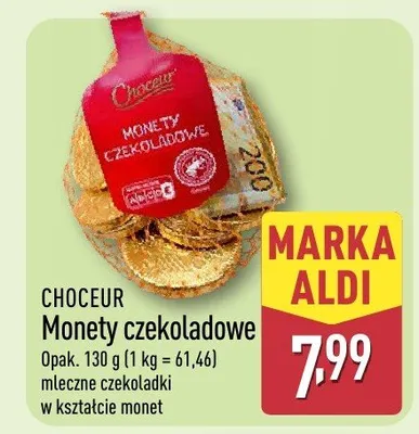 Monety czekoladowe mleczne czekoladki w kształcie monet promocja w Aldi