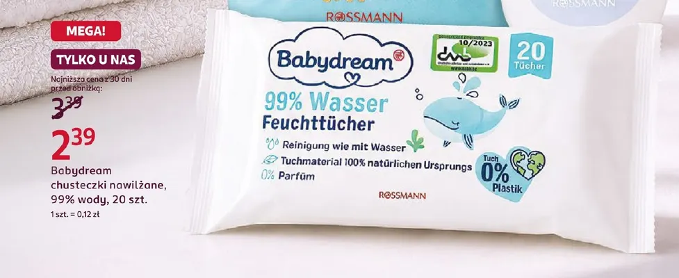 Chusteczki nawilżane 99% wody Babydream promocja w Rossmann