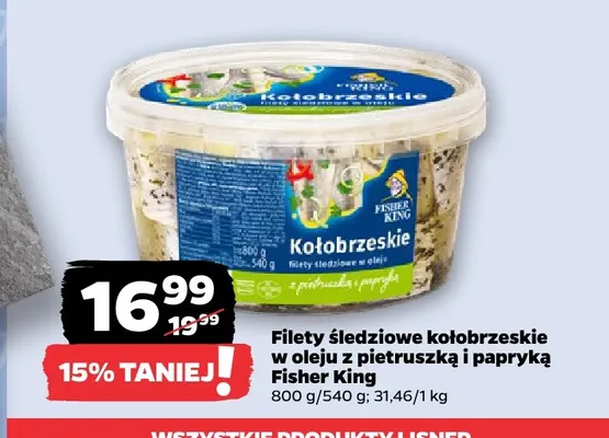 Filety śledziowe kołobrzeskie w oleju z pietruszką i papryką Fisher King promocja w Netto