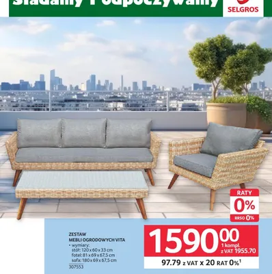 Zestaw mebli ogrodowych VITA stół 120x60x33cm, fotel 81x69x67,5cm, sofa 180x69x67,5cm 307553 promocja w Selgros