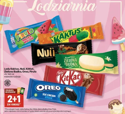 Lody Kaktus, Nuii, KitKat, Zielona Budka, Oreo, Pirulo wybrane rodzaje promocja w Delikatesy Centrum