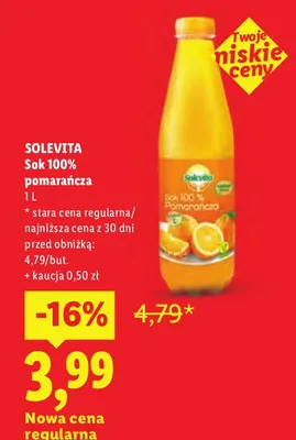 Sok 100% pomarańcza Solevita promocja w Lidl