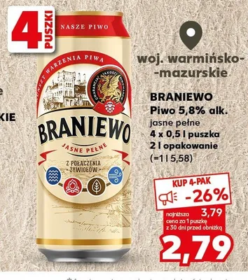 Piwo Braniewo Jasne Pełne 5,8% alk. 4-pak 500ml promocja w Kaufland