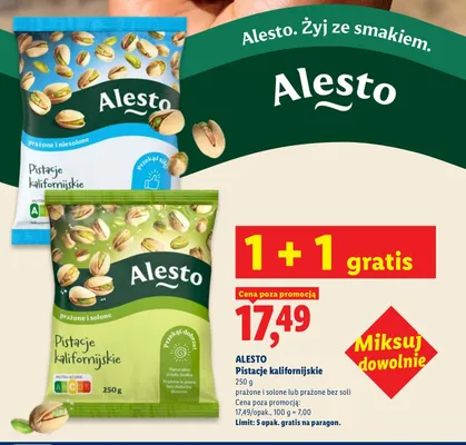 Pistacje kalifornijskie Alesto prażone i solone promocja w Lidl