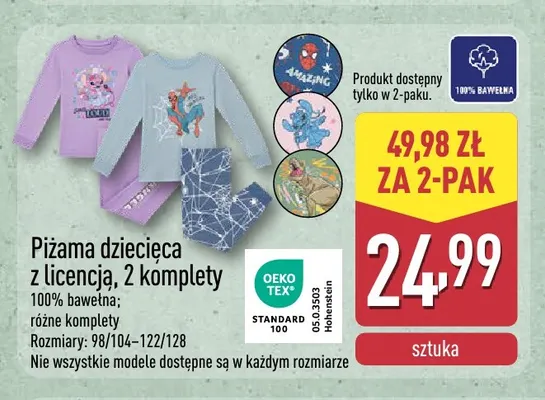 Piżama dziecięca z licencją 2-pak promocja w Aldi
