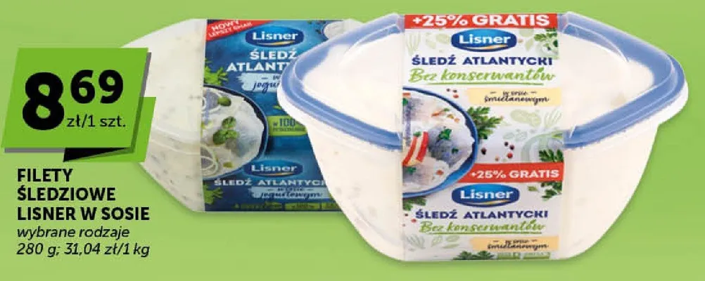 Śledź atlantycki Lisner bez konserwantów w sosie śmietanowym +25% gratis promocja w ABC