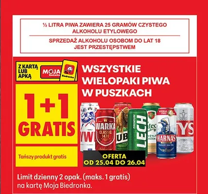 Wszystkie wielopaki piwa w puszkach 1+1 GRATIS promocja w Biedronka