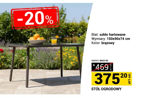Stół ogrodowy blat szkło hartowane 150x90x74cm brązowy promocja w Merkury Market