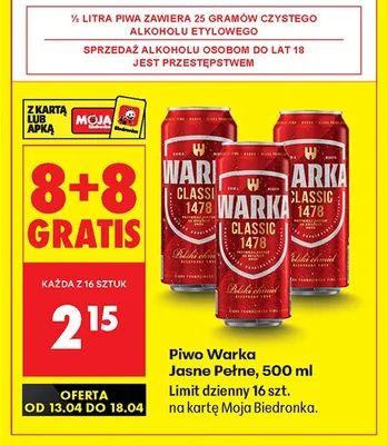 Piwo Warka Jasne Pełne 8+8 GRATIS promocja w Biedronka