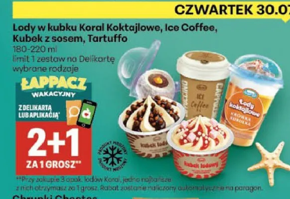 Lody w kubku Koral Kubek z sosem promocja w Delikatesy Centrum