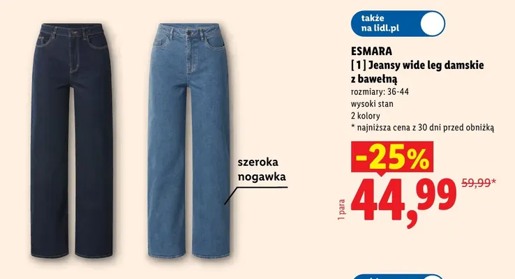 Jeansy wide leg damskie z bawełną Esmara ciemnoniebieskie promocja w Lidl